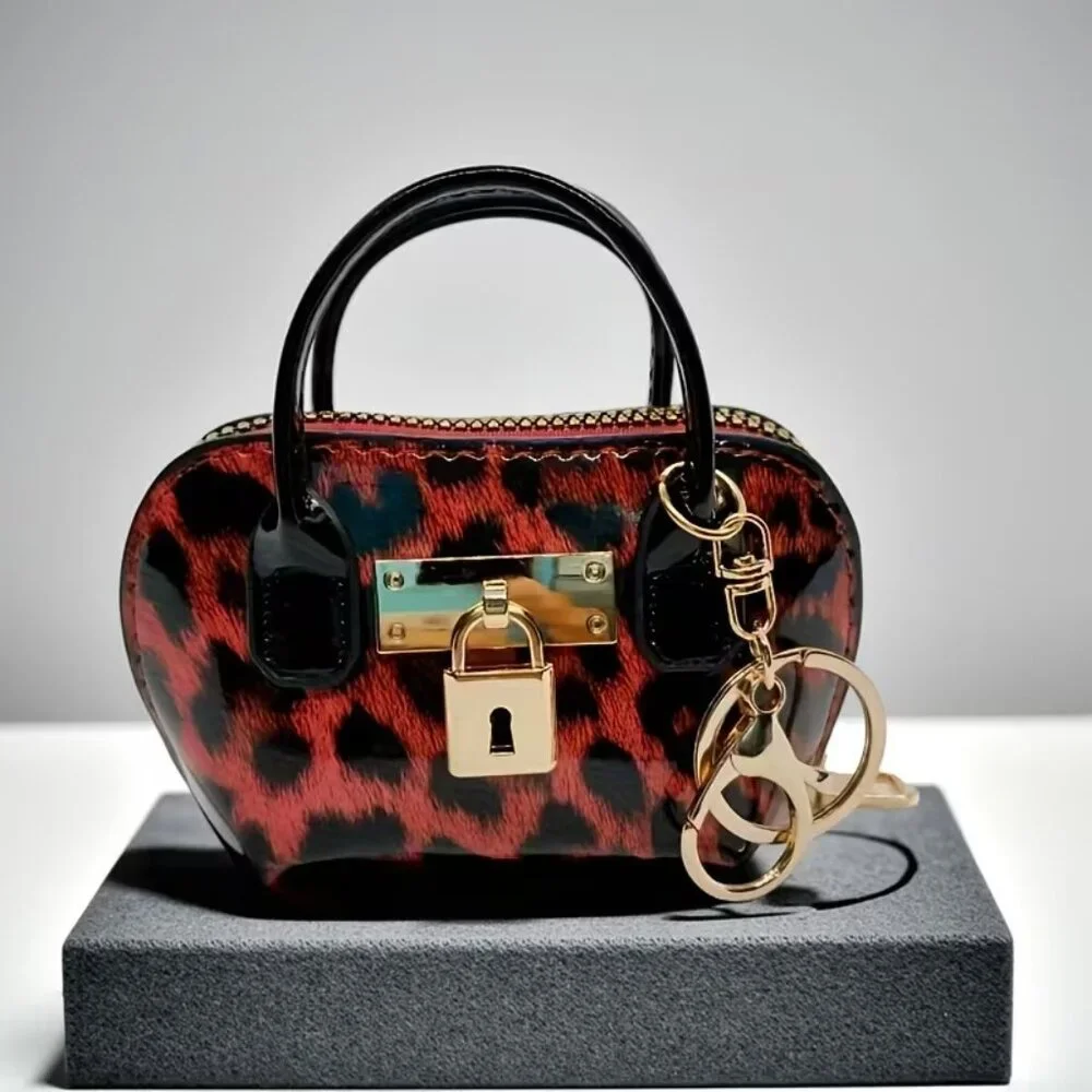 🔥 Classy Leopard style Mini Handbag Keychain Coin Purse Charm w/ Gold Accent - Picture 5 of 6